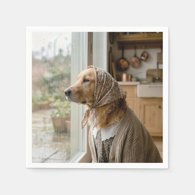 Serviette En Papier Golden Retriever regardant la pluie (Devant)
