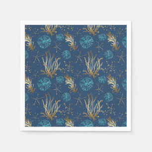 Serviette En Papier Golden Starfish & Coral Reef Motif sur Blue
