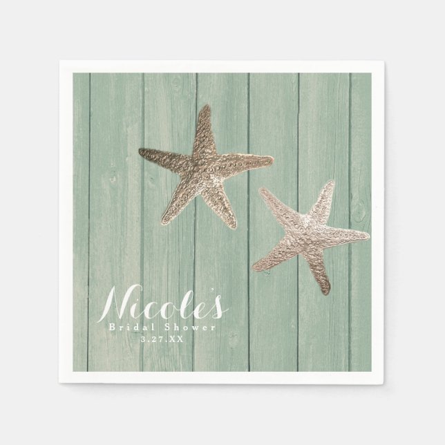 Serviette En Papier Golden Starfish & Wood Elegant Beach Custom Party (Devant)