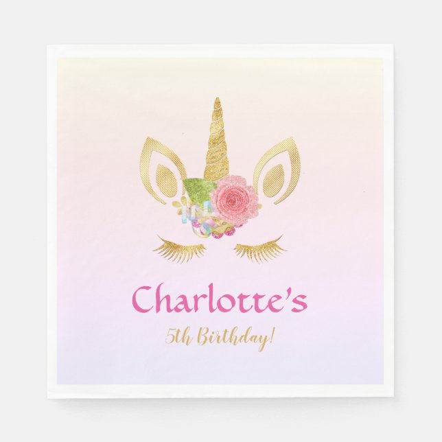 Serviette En Papier Golden Unicorn rose arc-en-ciel personnalisé Anniv (Devant)