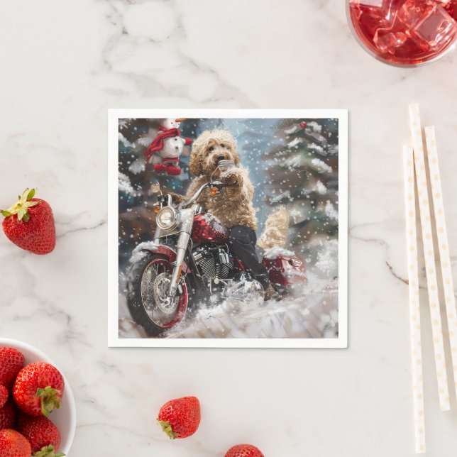 Serviette En Papier Goldendoodle Chien à Moto Noël  (En situation)