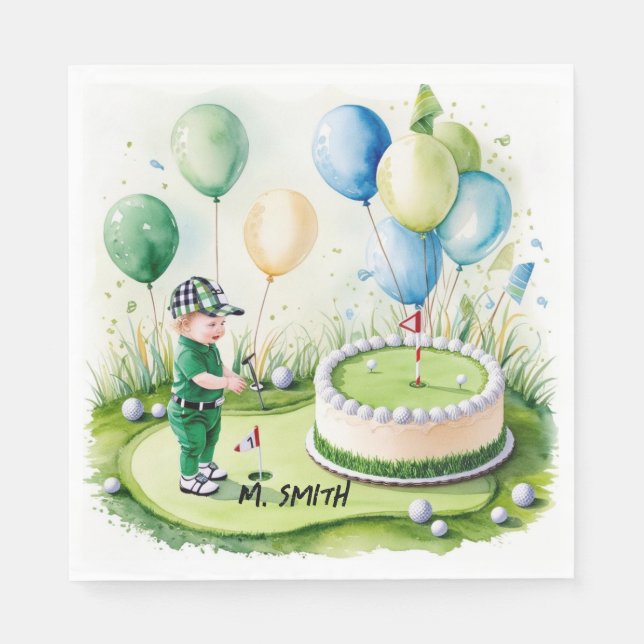 Serviette En Papier Golf 1er anniversaire golfeur d'un an avec nom (Devant)