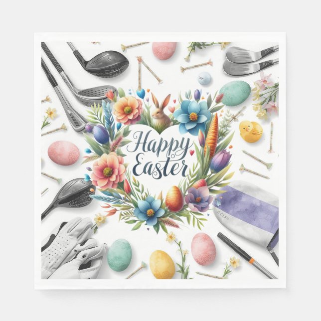 Serviette En Papier Golf Easter eggs balls and flower and equipment (Devant)
