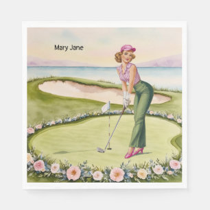 Serviette En Papier Golf  Golf Rétro Chic : Golfeuse au Green