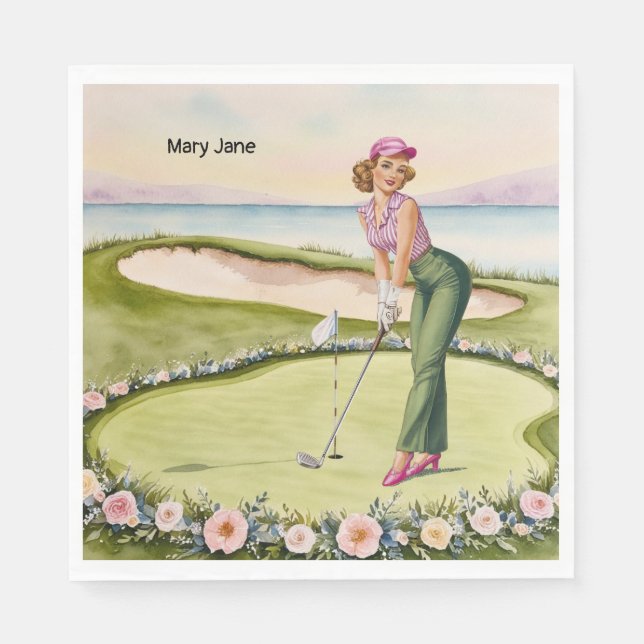 Serviette En Papier Golf  Golf Rétro Chic : Golfeuse au Green (Devant)