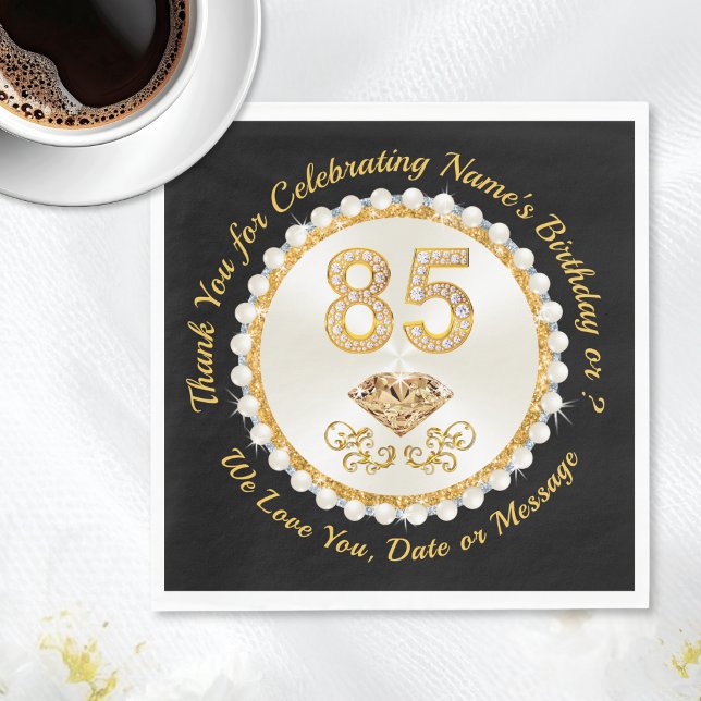Serviette En Papier Gorgeous Black and Gold, 85th Birthday Napkins (85th birthday napkins. Beautiful, 85th birthday decorating ideas. 85th birthday supplies for women. )