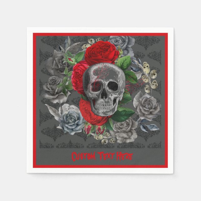 Serviette En Papier Goth Skeleton Red Roses Gothique Skull Personnalis (Devant)
