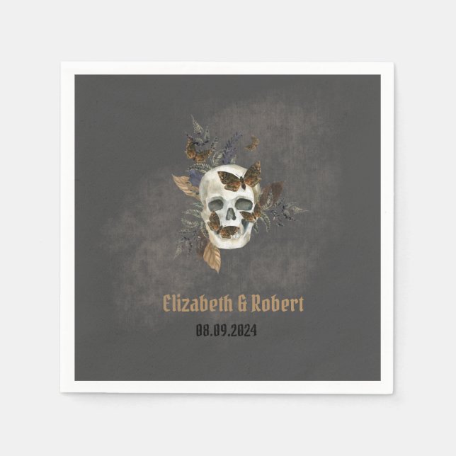 Serviette En Papier Gothique Floral Mariage papillons crâne (Devant)