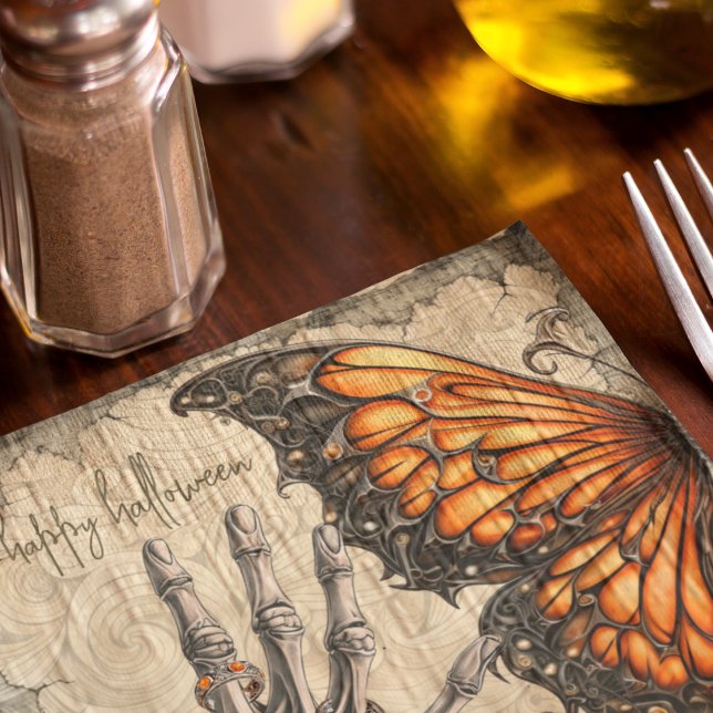 Serviette En Papier gothique | Papillon | Main de squelette | Victorie (Gothic butterfly and spooky skeleton hand on Halloween party napkins you can customize. )