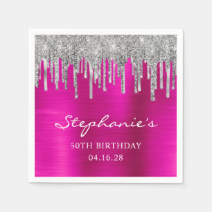Serviette En Papier Gouttes de paillettes argentées Rose Chaud 50e Ann