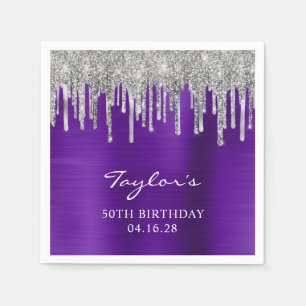 Serviette En Papier Gouttes de paillettes argentées violet pourviolet