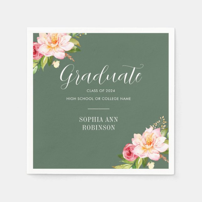 Serviette En Papier Grad 2024 Floral Sage Green Graduation Party (Devant)