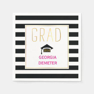 Serviette En Papier Grad or noir, rayures blanches brillant rose