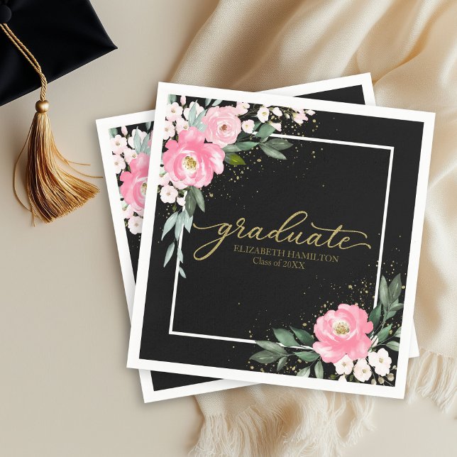 Serviette En Papier Graduate Hot rose Floral fête de graduation noir (Créateur téléchargé)