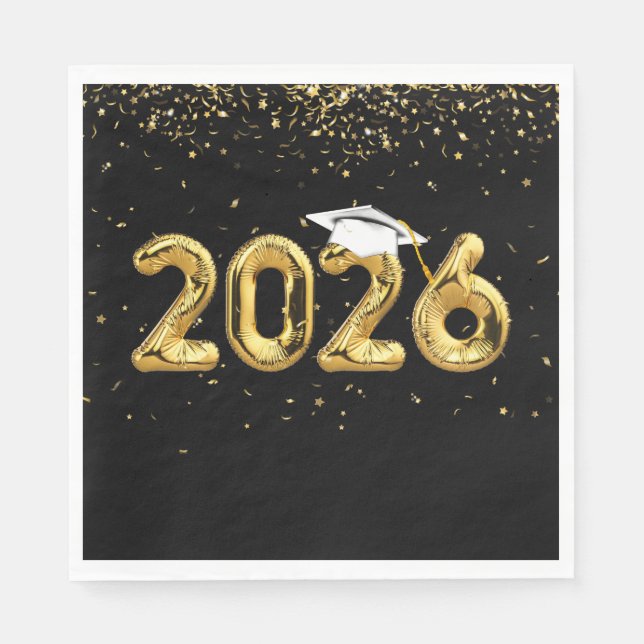 Serviette En Papier Graduation 2024 Ballons d'or et Casquette blanc (Devant)