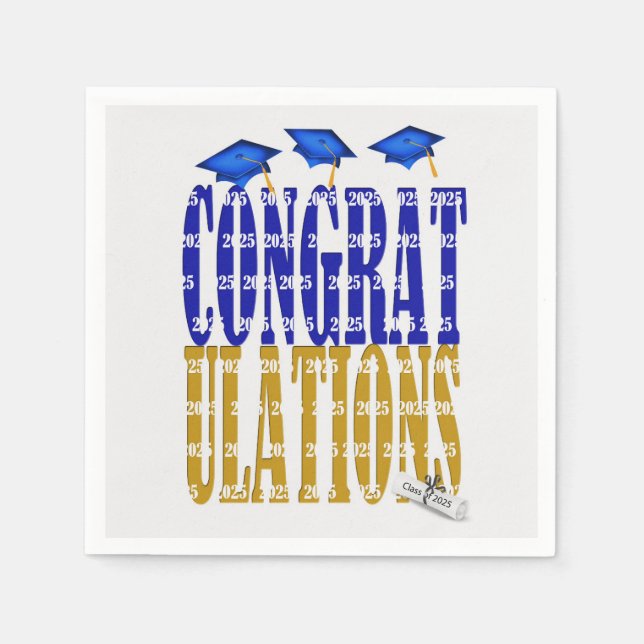 Serviette En Papier Graduation 2025 En Bleu et Or (Devant)