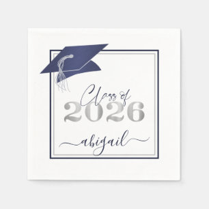 Serviette En Papier Graduation 2025 Faux Metallic Navy Argent Script