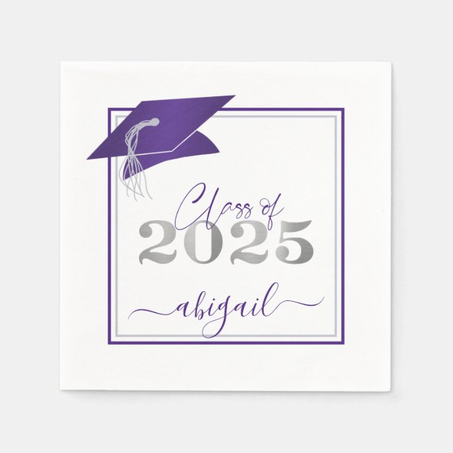 Serviette En Papier Graduation 2025 Faux Metallic Purple Argent Script (Devant)