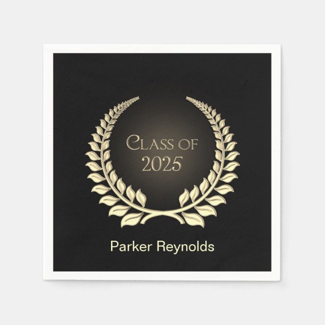 Serviette En Papier Graduation 2025 Gold Laurel Wreath On Black (Devant)
