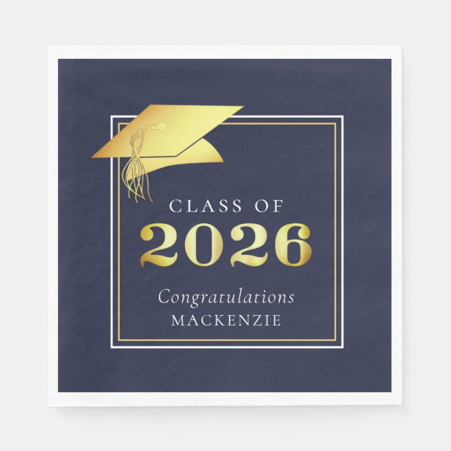 Serviette En Papier Graduation 2025 Marine Blue Faux Metallic Gold (Devant)