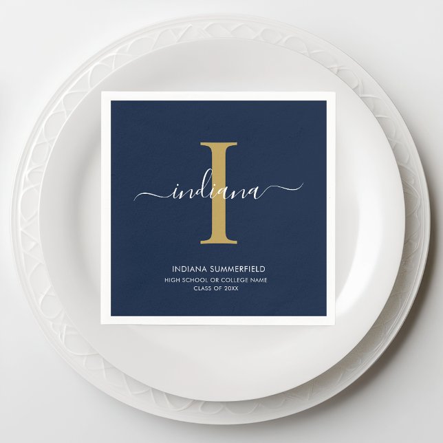 Serviette En Papier Graduation 2025 Monogramme Nom du script Grad Part (Monogram Script Graduation Navy Blue Paper Napkin)