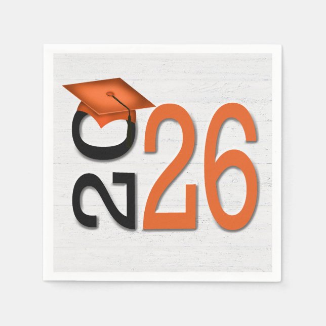 Serviette En Papier Graduation 2025 Orange et noir sur bois (Devant)