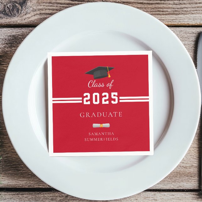 Serviette En Papier Graduation 2025 Red White Graduate Party Paper (Graduation 2025 Red White Elegant Party Paper Napkin)