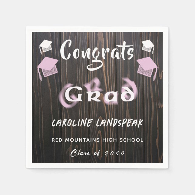 Serviette En Papier Graduation 2025 Rose et blanc Texte flou (Devant)