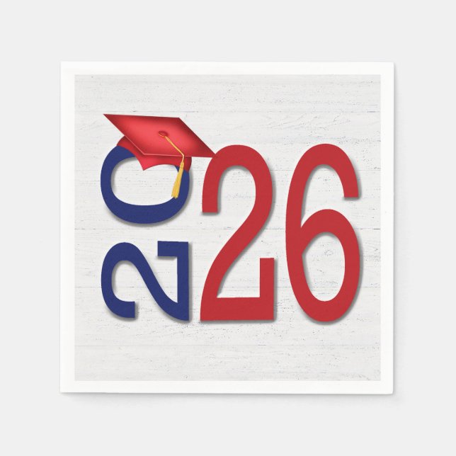 Serviette En Papier Graduation 2025 Rouge et bleu sur le bois (Devant)