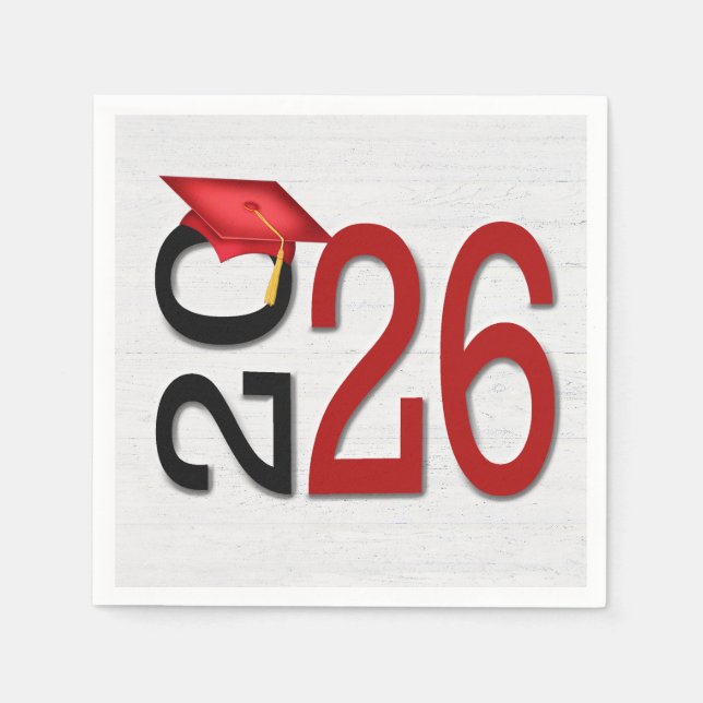 Serviette En Papier Graduation 2025 Rouge et noir sur bois (Devant)