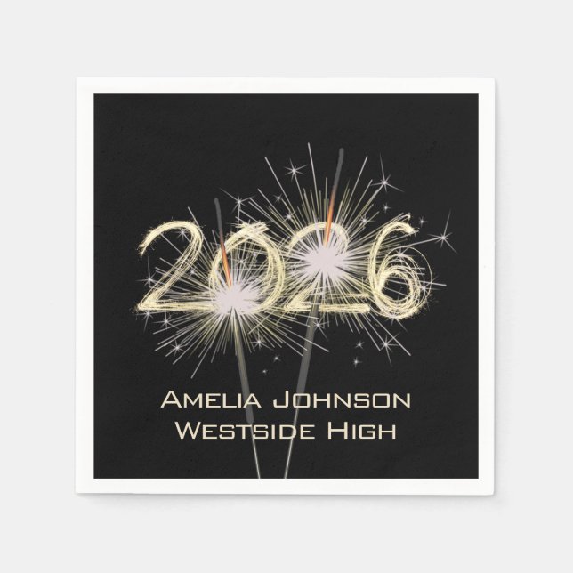 Serviette En Papier Graduation 2025 Sparklers Sur Noir (Devant)