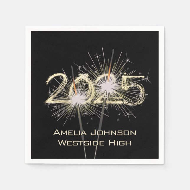 Serviette En Papier Graduation 2025 Sparklers Sur Noir (Devant)