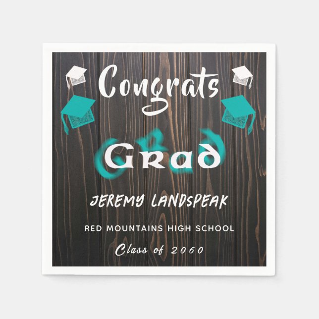 Serviette En Papier Graduation 2025 Turquoise & blanc Texte flou (Devant)