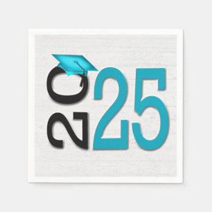 Serviette En Papier Graduation 2025 Turquoise et noir sur bois