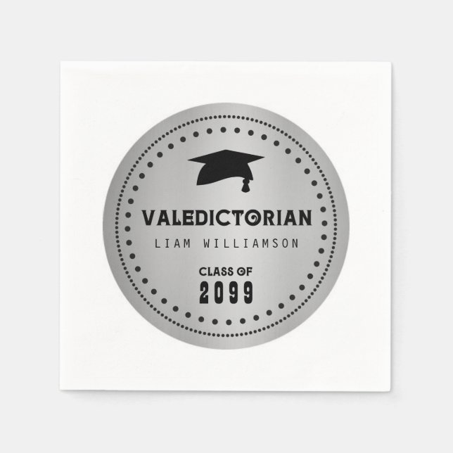 Serviette En Papier Graduation de Valedictorian noir et argent (Devant)