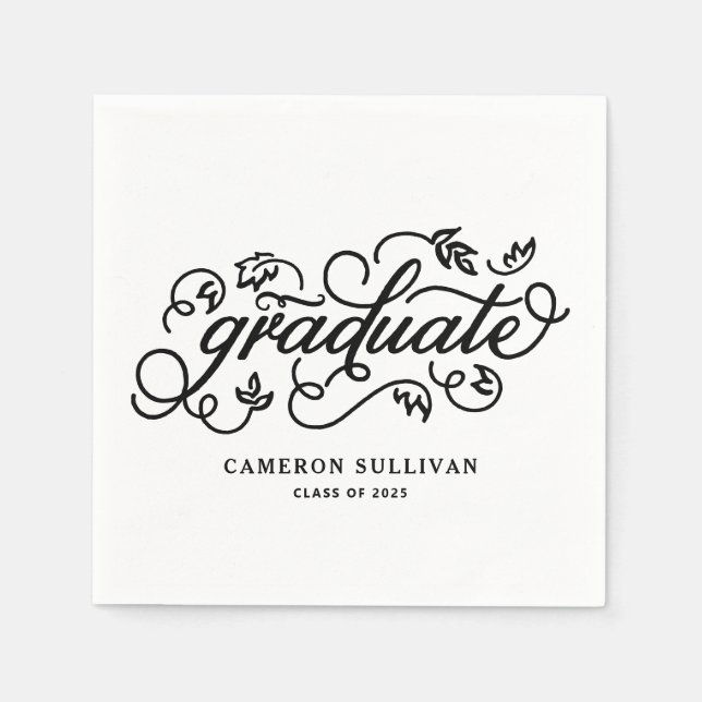 Serviette En Papier Graduation du script floral noir Whimsical (Devant)