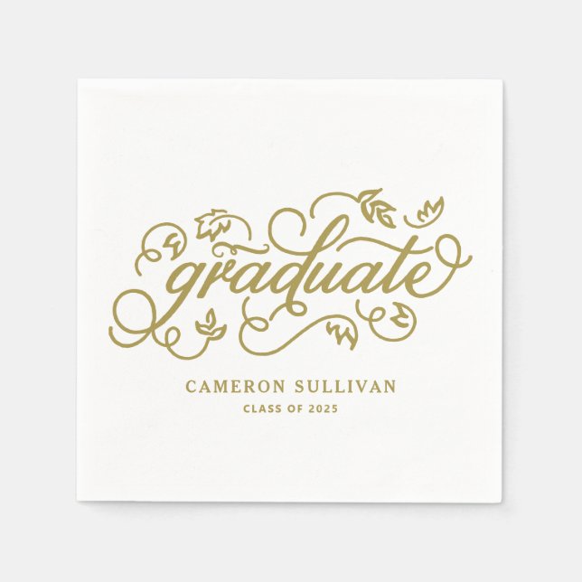 Serviette En Papier Graduation du script floral Whimsical d'or (Devant)