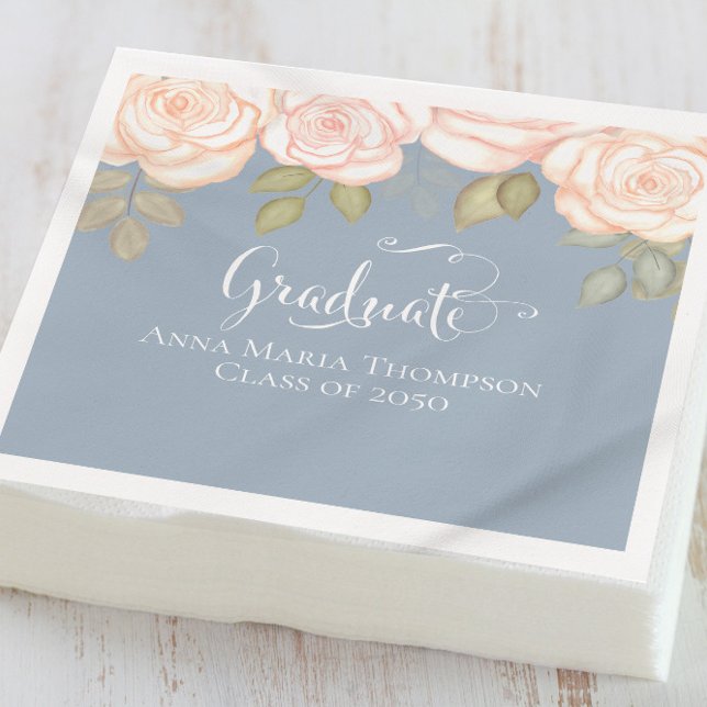 Serviette En Papier Graduation Élégant Script Floral Dusty Blue (Créateur téléchargé)