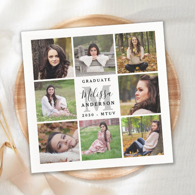 Serviette En Papier Graduation élégante Personnalisée 8 Photo Collage (Créateur téléchargé)