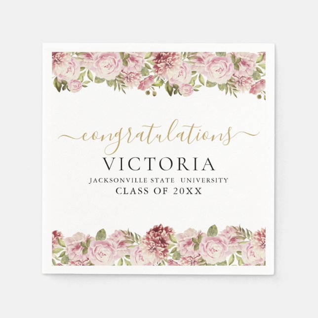 Serviette En Papier Graduation Florale Rose Noir Et Or Script (Devant)