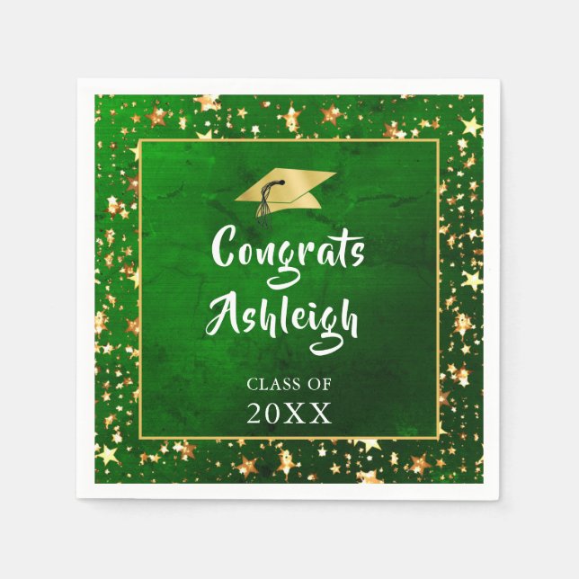 Serviette En Papier Graduation Green Gold Stars Brush Script (Devant)