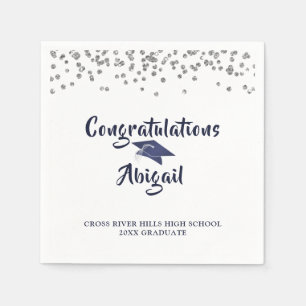 Serviette En Papier Graduation Marine bleu Argent Confetti Brush Scrip