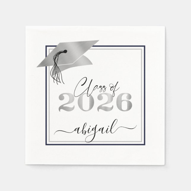 Serviette En Papier Graduation Metallic Silver Script Classe de 2025 (Devant)