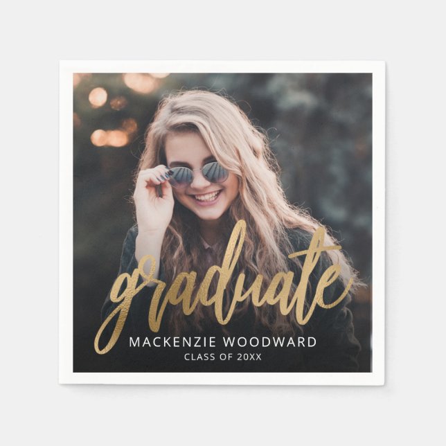 Serviette En Papier Graduation Party Custom Photo Gold Script (Devant)