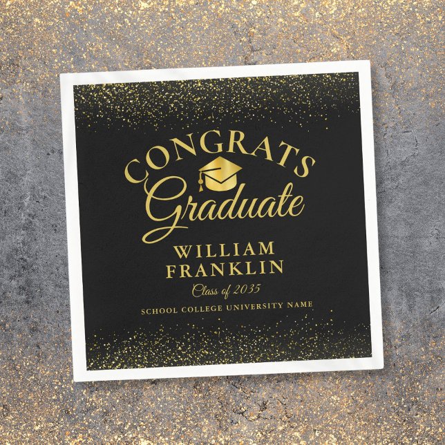 Serviette En Papier Graduation Personnalisée Noir Et Or Moderne (Personalized Black And Gold Modern Graduation Napkins)