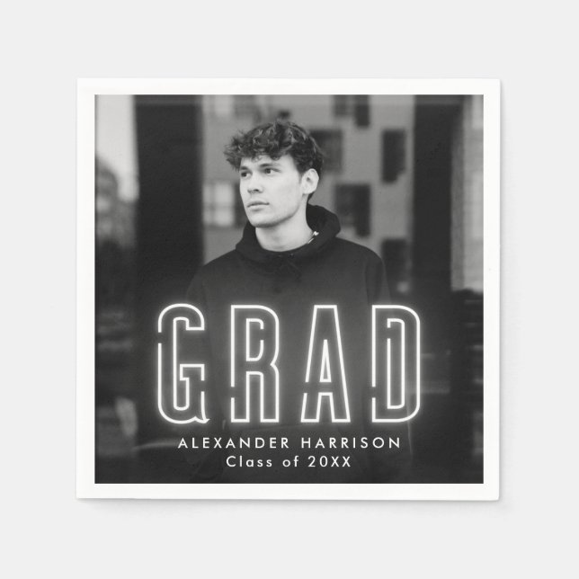 Serviette En Papier Graduation photo moderne en néon blanc (Devant)