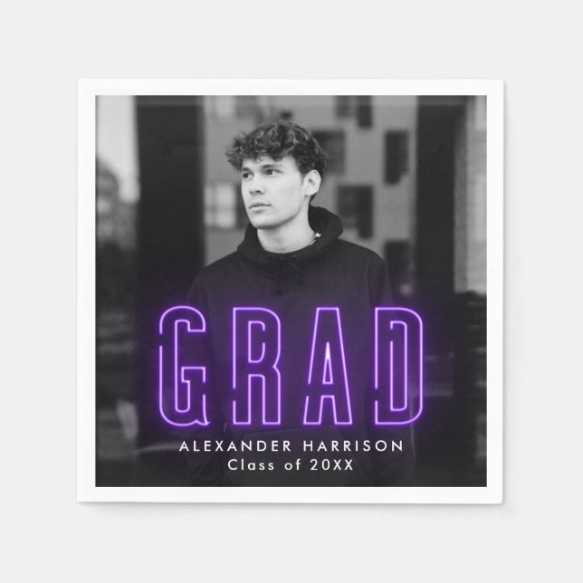 Serviette En Papier Graduation photo moderne violet néon (Devant)