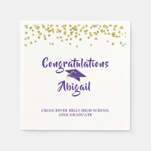 Serviette En Papier Graduation Purple Gold Confetti Brush Script