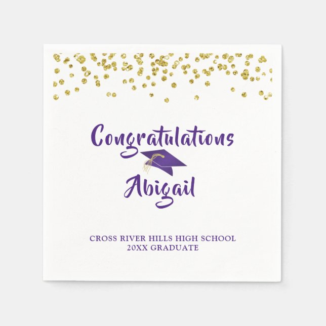 Serviette En Papier Graduation Purple Gold Confetti Brush Script (Devant)