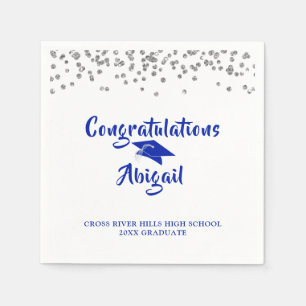 Serviette En Papier Graduation Royal Blue Silver Confetti Brush Script